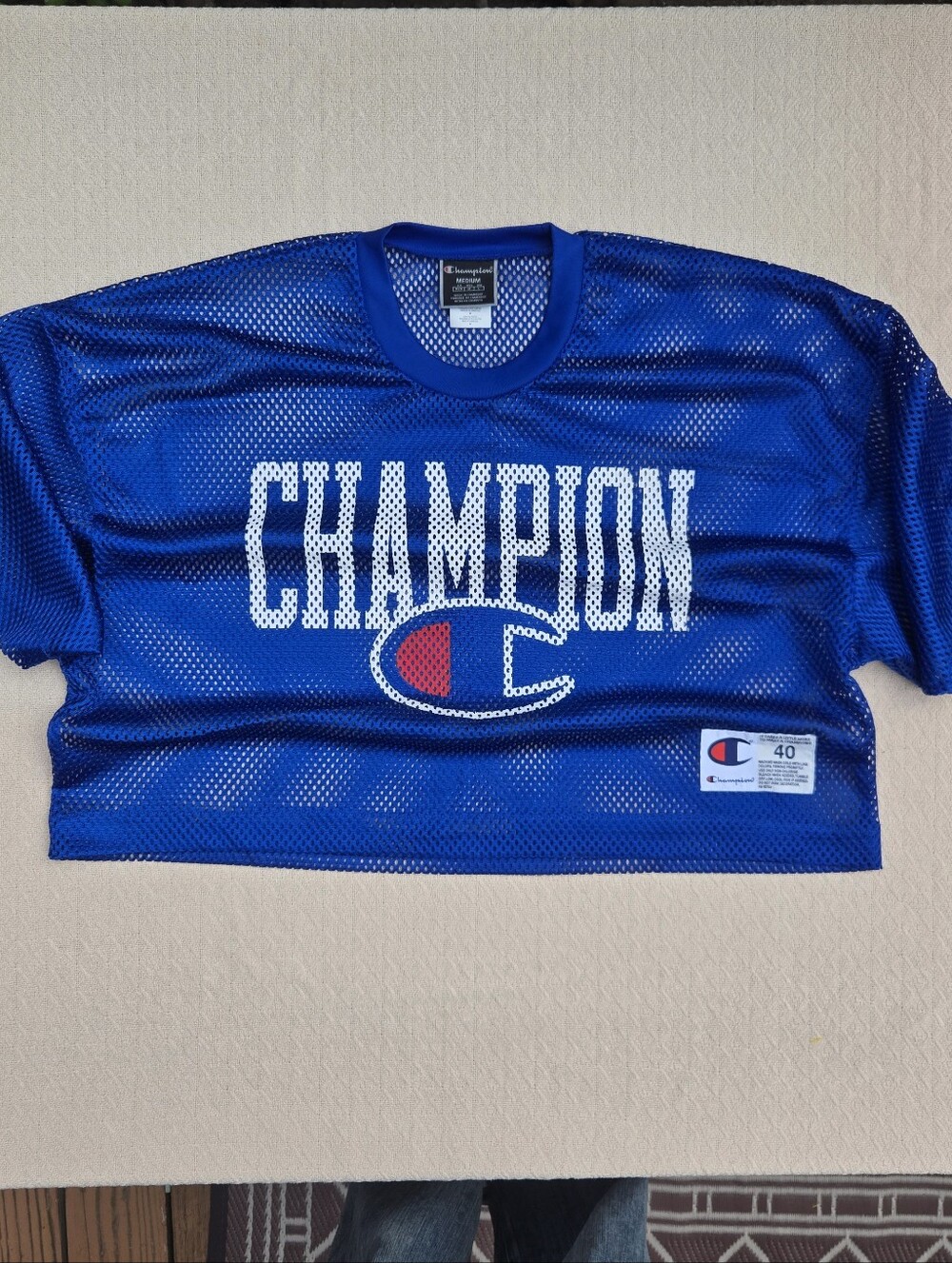 Champion Blue Mesh Logo Crop Top with White & Red Accents